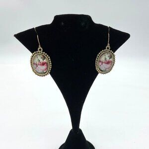Erica Lyons Rose Florals Beaded Domed Photo Frame Gold Tone Dangle Earrings